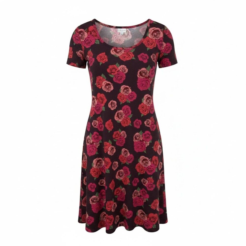 LuLaRoe Jessie Dress Women's XL Black Pink Rose Floral Swing Stretch NWT Midi